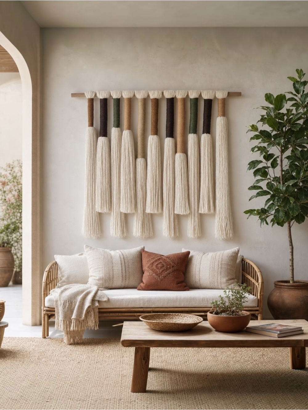 NEW Anthropologie Boho White Cotton Tassel Tapestry Woven Wall Hanging 22" x 27"